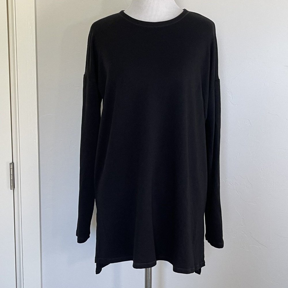 EILEEN FISHER Black Fleecy Inside Crew Neck Long Sleeve Top XS